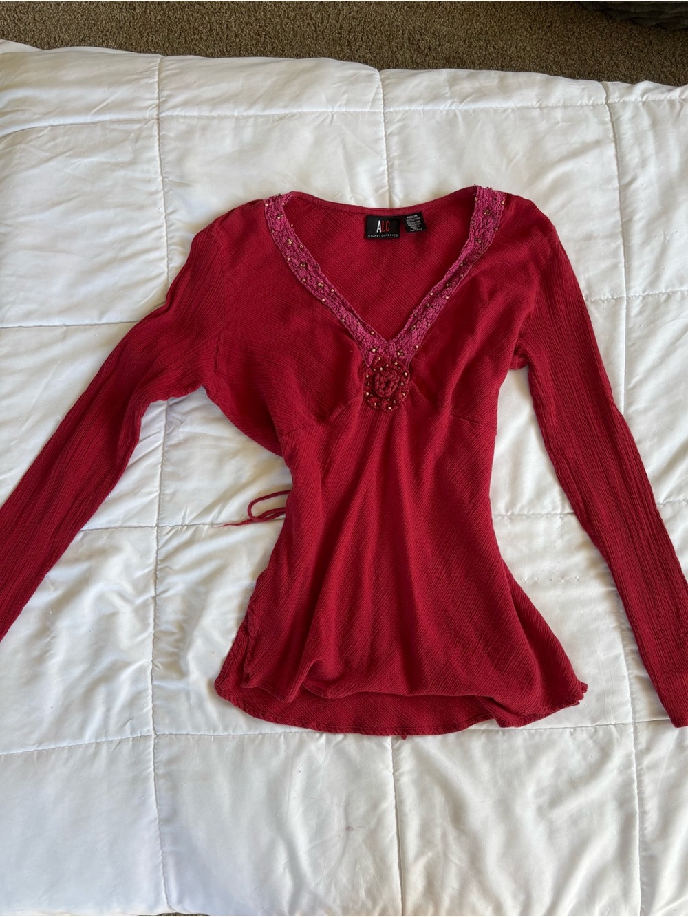 ALC At Last Classics Women's Deep Red Long Sleeve V-Neck Top with Beaded Trim